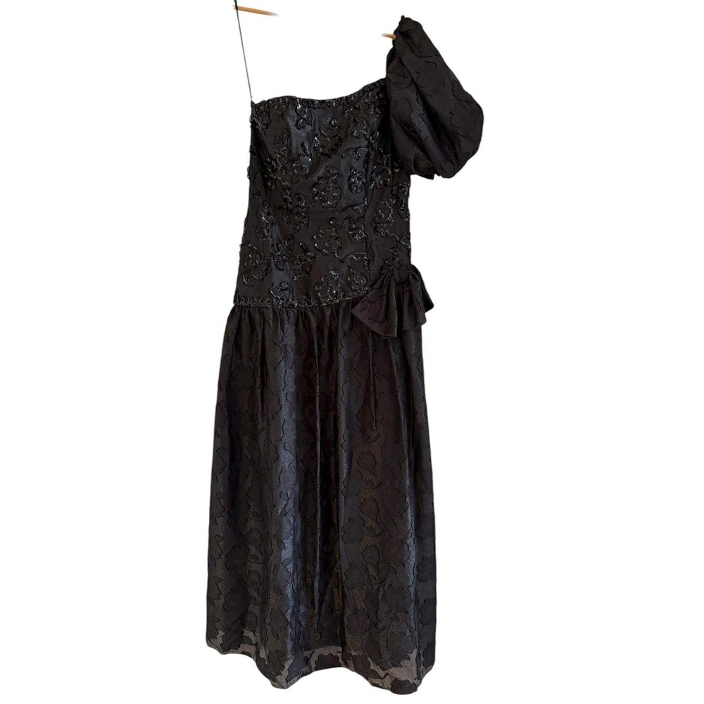 Vintage Mike Benet Formalsโ Black Sequin One Shoulder Puff Sleeve Gown Size 16
